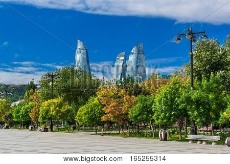 Flame Towers In Baku Cityscape.