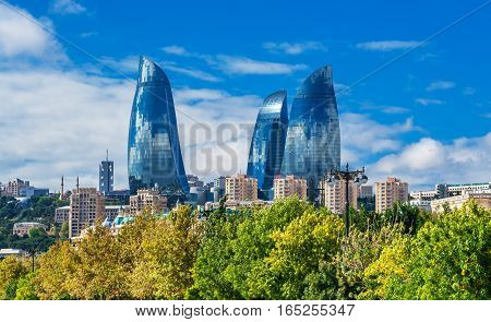 Flame Towers In Baku Cityscape.