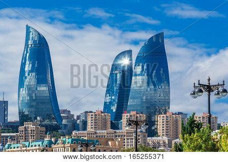Flame Towers In Baku Cityscape.