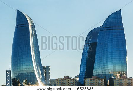Flame Towers In Baku Cityscape.