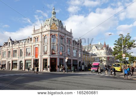 Trondheim Norway - September 30 2016: Old building in downtown Trondheim at the intersection of the streets Olav Tryggvasons gate and Sondre gate.