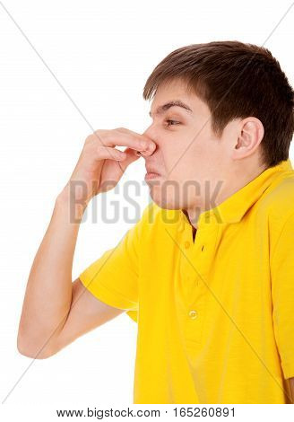 Displeased Young Man feel a Stink Isolated on the White Background