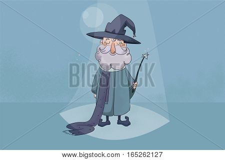 children's  illustration with texture. Good wizard holding a magic wand in his hands and smiling.