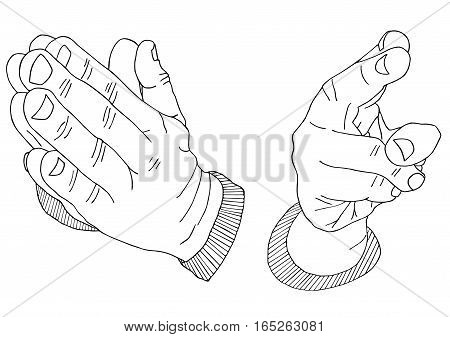 Palms bless and pray Hand drawn sketched vector illustration. Wrist Doodle Flourish graphic with ornate pattern. Design Isolated on white.