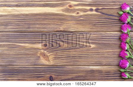 Purple Roses On A Brown Wooden Background