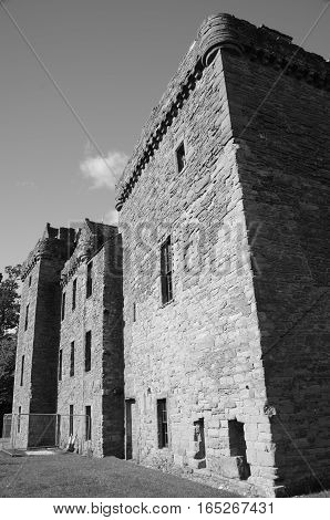 An exterior view of the main tower building of Huntingtower castle