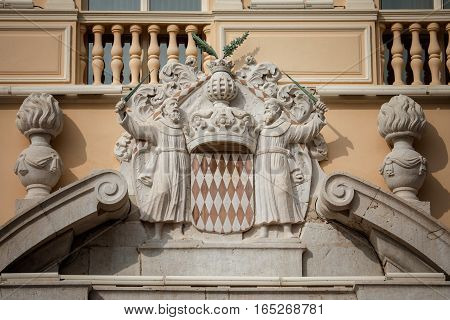 Architectural Detail With Monaco Coat Of Arms - Royal Arms Of Prince Albert Ii, Monarch And Head Of