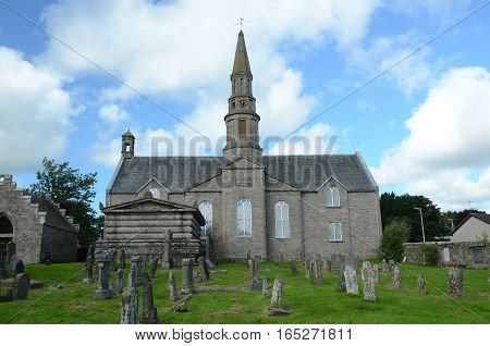 An exterior view of the church and graveyard at Methven