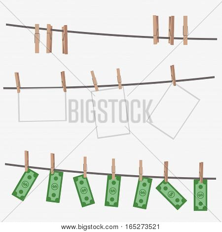 Dollar Bills Hanging On Rope Attached With Clothes Pins.