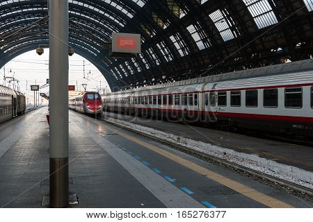 MILAN, ITALY - DECEMBER  2016: Milan Central Station interior view. It was opened in 1931, serves national and international routes and is one of main European railway
