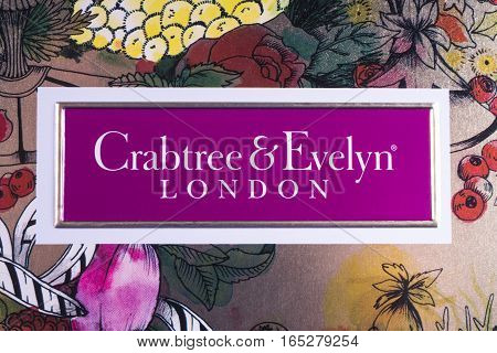 LONDON UK - JANUARY 13TH 2017: A close-up of the Crabtree & Evelyn company logo on 13th January 2017. The compay are a global retailer body fragrance and home care products.