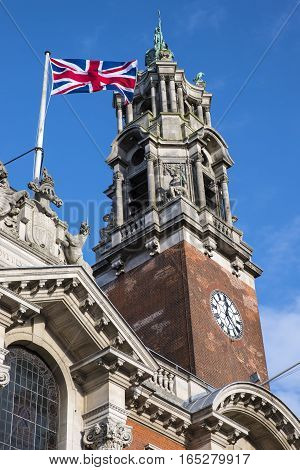 Looking up at the tower of the impressive Colchester Town Hall in Colchester Essex.