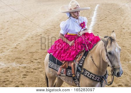 GUADALAJARA MEXICO - SEP 01 : Charra participate at the 23rd International Mariachi & Charros festival in Guadalajara Mexico on September 01 2016.