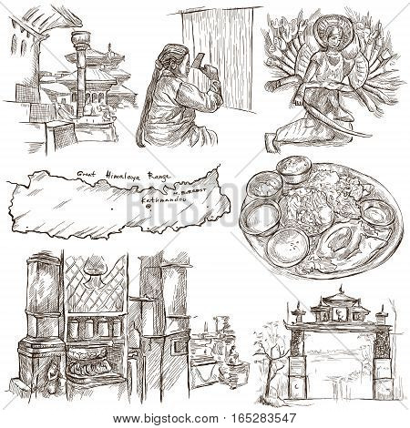 Travel NEPAL.Pictures of Life.Full sized hand drawing collection.Hand drawn illustrations.Pack of freehand sketches on white isolated pictures.Traveling around Federal Democratic Republic of Nepal.