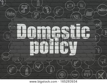 Politics concept: Painted white text Domestic Policy on Black Brick wall background with Scheme Of Hand Drawn Politics Icons