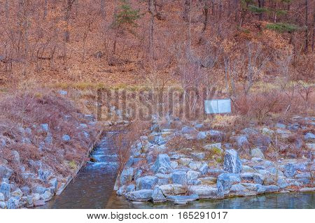 Small stream used to aerate a river with a rocky shorline and trees and brush in the background