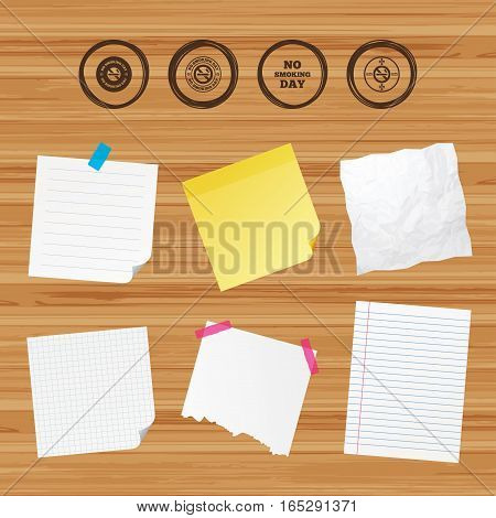 Business paper banners with notes. No smoking day icons. Against cigarettes signs. Quit or stop smoking symbols. Sticky colorful tape. Vector
