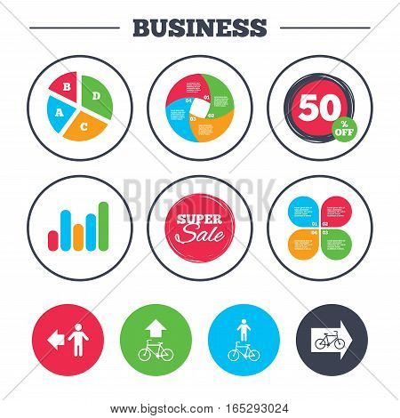 Business pie chart. Growth graph. Pedestrian road icon. Bicycle path trail sign. Cycle path. Arrow symbol. Super sale and discount buttons. Vector