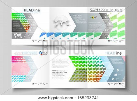 Set of business templates for tri fold square design brochures. Leaflet cover, abstract flat layout, easy editable vector. Colorful rectangles, moving dynamic shapes forming abstract polygonal style background.