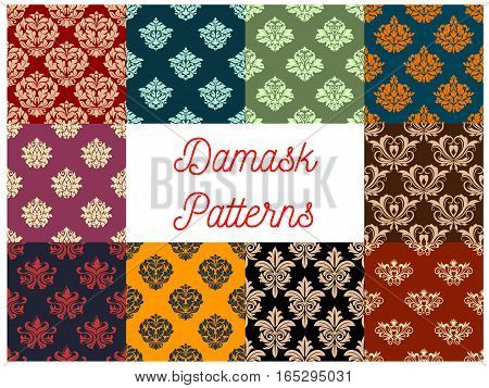 Flowery seamless Damask vector patterns set of ornate baroque floral embellishment motif and flourish ornament tracery. Luxury royal flowers ornamental adornment backdrop and tiles for interior design