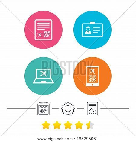 QR scan code in smartphone icon. Boarding pass flight sign. Identity ID card badge symbol. Calendar, cogwheel and report linear icons. Star vote ranking. Vector