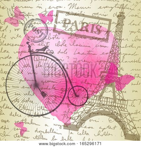 table top with sketching paper on hand-drawn writing background with eiffel tower and watercolor heart and retro bicycle perfect for Valentine s day background