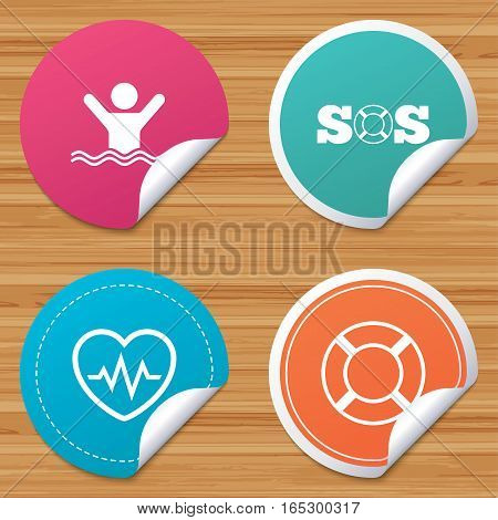Round stickers or website banners. SOS lifebuoy icon. Heartbeat cardiogram symbol. Swimming sign. Man drowns. Circle badges with bended corner. Vector