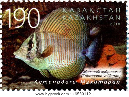 KAZAKHSTAN - CIRCA 2010: Postage stamp printed in Kazakhstan shows the Zebrasoma veliferum. Astana oceanarium