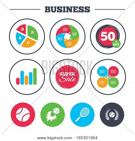 Business pie chart. Growth graph. Tennis ball and racket icons. Fast fireball sign. Sport laurel wreath winner award symbol. Super sale and discount buttons. Vector