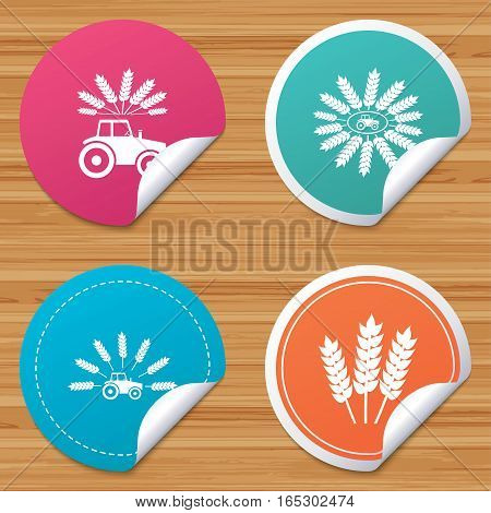 Round stickers or website banners. Tractor icons. Wreath of Wheat corn signs. Agricultural industry transport symbols. Circle badges with bended corner. Vector