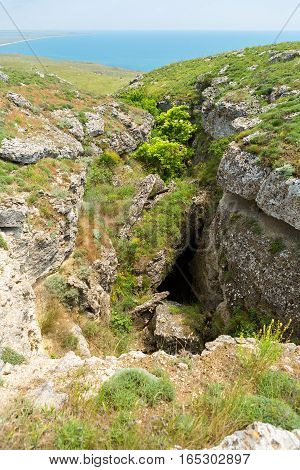 Deep cracks Opuk mountains. Opuksky Reserve is located on the southern coast of Kerch Peninsula.