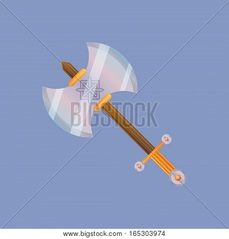 Single decoration weapon for game on blue background. Medieval cartoon weapon for web design or mobile app. Axe vector illustration