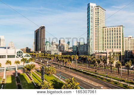 SAN DIEGO, CALIFORNIA - JANUARY 8, 2017:  Convention Center and surrounding hotels on Harbor Drive near the Gaslamp Quarter.