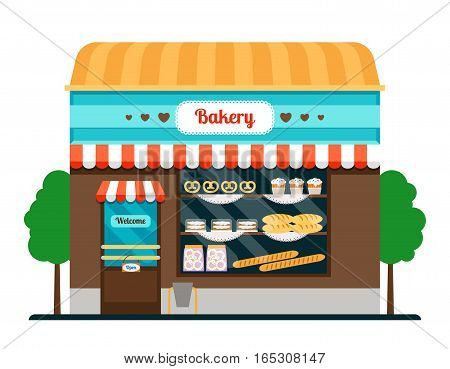 Bakery shop front veiw flat icon. Bakery facade vector illustration