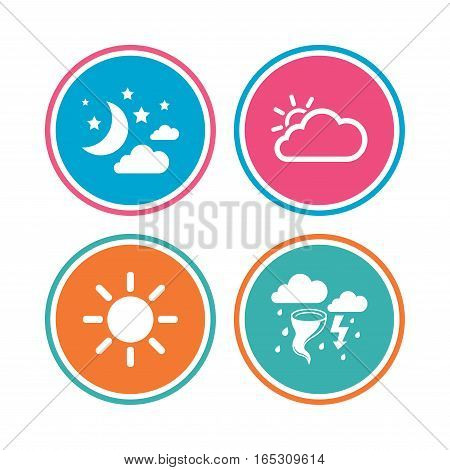 Weather icons. Moon and stars night. Cloud and sun signs. Storm or thunderstorm with lightning symbol. Colored circle buttons. Vector