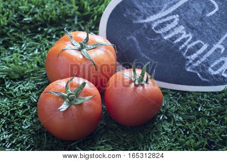 closeup of three red tomato with grass background and black sign