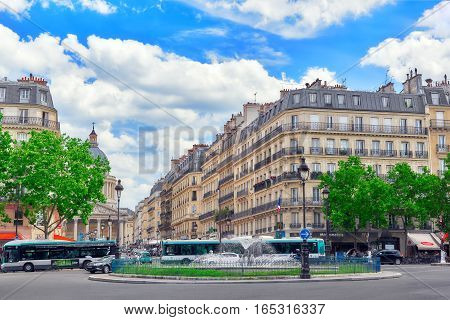 Paris, France - July 08, 2016 : Fontaine Rostand Near Luxembourg Palase And Street View With People