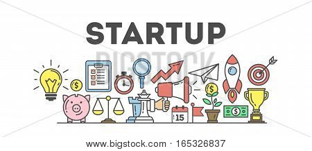 Startup banner illustration with icons. Business strategy and many icons as rocket, magnifyer, loudspeaker and more. White background.