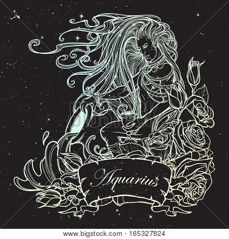 Zodiac sign Aquarius. Young man with long hair holding large amphora. Frame of roses. Vintage art nouveau style concept art for horoscope, tattoo or colouring book. Night sky background