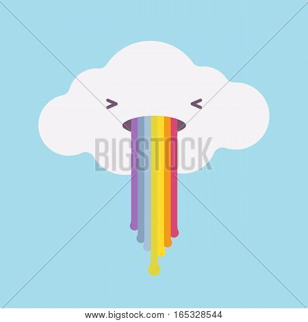 White cloud throwing up a rainbow through the mouth, feeling stomach disorder, unhealthy weather, air pollution, harmful human impact on the environment