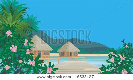 Bungalows on the ocean surrounded by tropical plants. South sea landscape. Vector background.