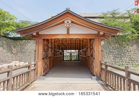 FUKUI JAPAN - AUGUST 02 2016: Reconstructed Rokabashi covered bridge of Fukui castle in Fukui Japan. Castle was founded in 1601 by Yuki Hideyasu and dismantled in 19th c.