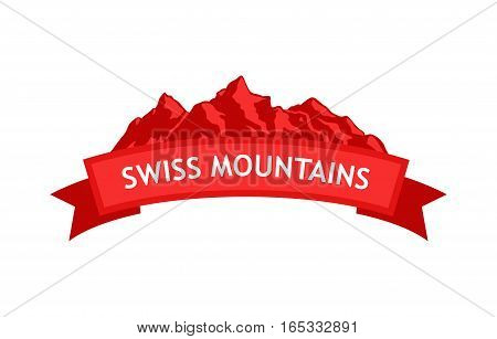 Logo of Swiss Mountains in red colors with ribbon and caption. 