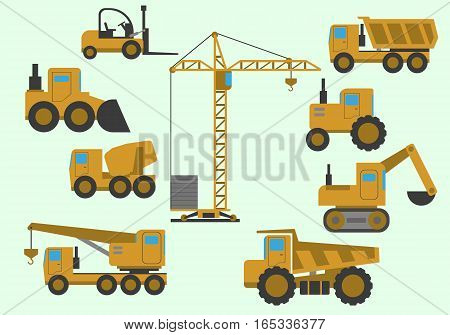 Set of construction equipment. Heavy machinery construction. Heavy machine vector set. Vector illustration.