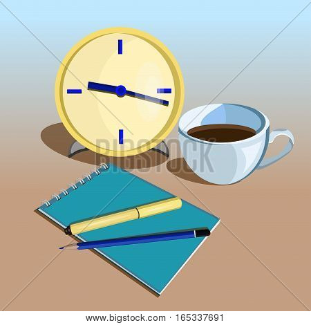 Flat design vector illustration. Business workplace with clock, cup of coffee, pen, pencil and notebook on the blue - brown background