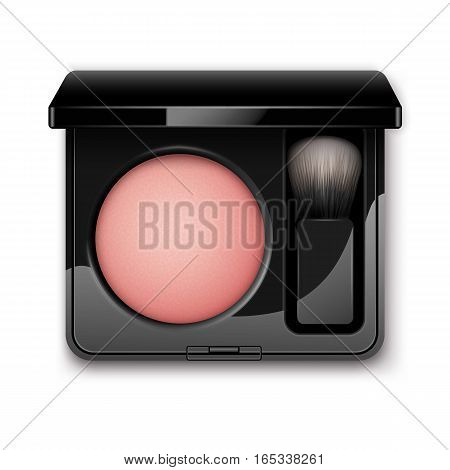 Vector Round Blusher in Black Rectangular Plastic Case with Makeup Brush Applicator Top View Isolated on White Background