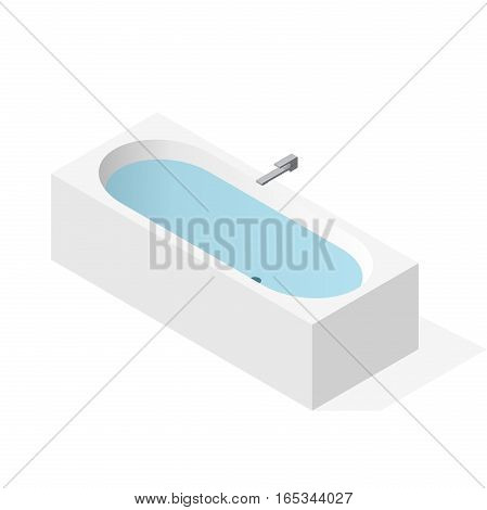 Modern bathtub filled with water. Vector bath tub in isometric perspective. Isolated sanitary equipment purchased with modern water battery tap. Rectangular bathroom fixtures in family house apartment