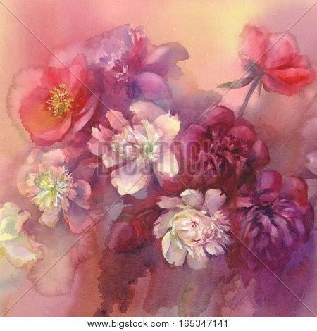 Bouquet of white and violet peonies watercolor illiustration. Wedding card. Summer bloom. Color flowers background.