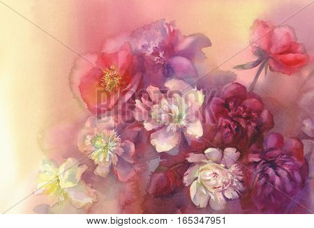 Bouquet of white and violet peonies watercolor illiustration. Wedding card. Summer bloom. Color flowers background.