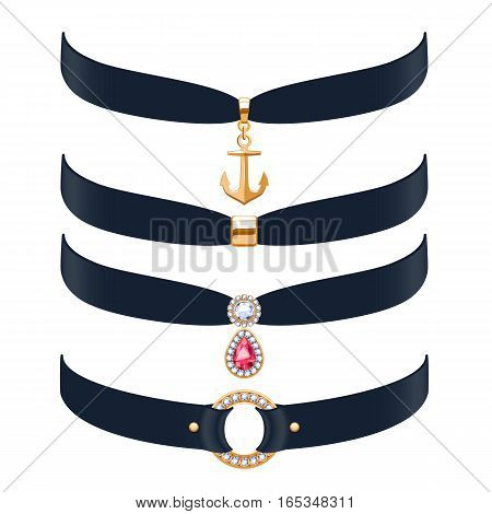Beautiful choker necklaces set vector illustration. Jewelry with gemstone and gold pendants. Vector illustration. Good for beauty fashion jewel shop design.